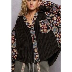 POL Tapestry Paisley Patchwork Knit Sweater NWT Large Oversized Boho Button Down